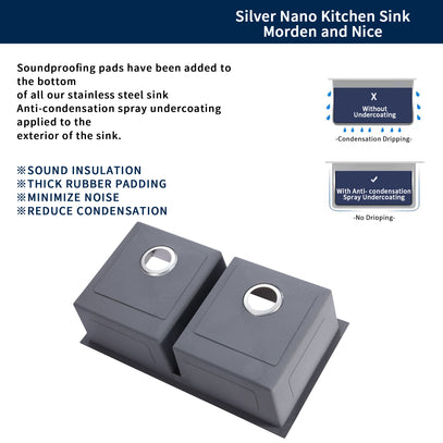 Soundproofing pads for a kitchen sink with text on sound insulation and condensation reduction.