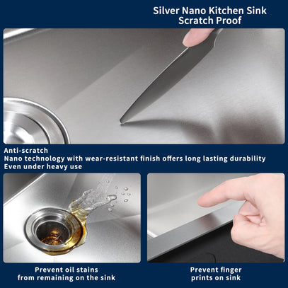 Silver Nano Kitchen Sink Scratch Proof with knife scratch, oil stain prevention, and fingerprint prevention features.