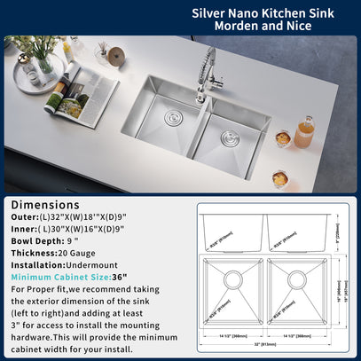 Stainless steel kitchen sink with dimensions and installation details on a white countertop.