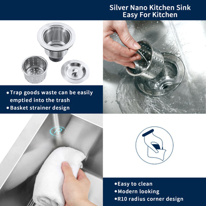 Silver Nano Kitchen Sink with features highlighted on a blue background