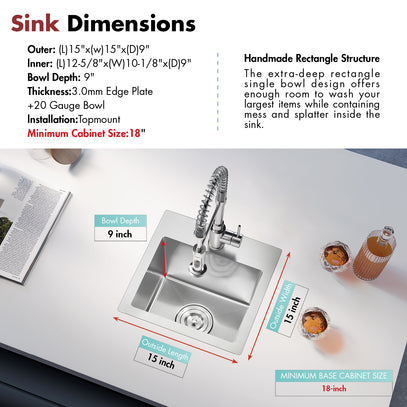 Stainless steel sink with dimensions and features displayed on a white surface.