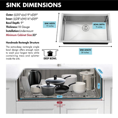 Stainless steel kitchen sink with dimensions and features displayed