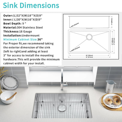 Stainless steel kitchen sink with dimensions and installation instructions on a tiled wall background.