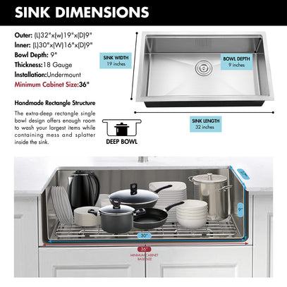 Stainless steel kitchen sink with dimensions and features displayed