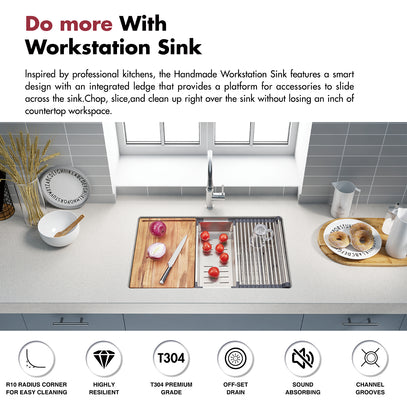 Kitchen sink setup with cutting board, vegetables, and utensils on a white countertop.