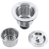 Stainless steel sink components on a white background
