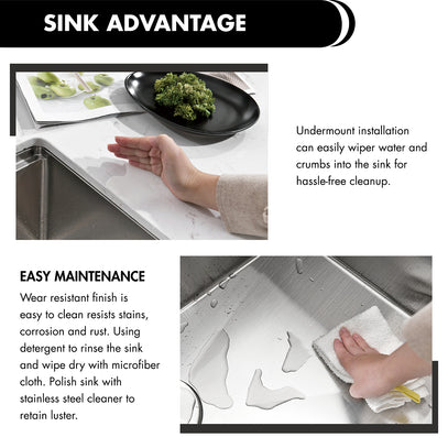 Advertisement for a sink with text on undermount installation and easy maintenance.