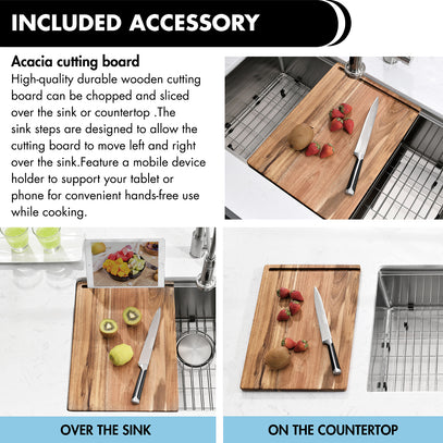 Acacia cutting board with knife and fruits over a sink and on a countertop.