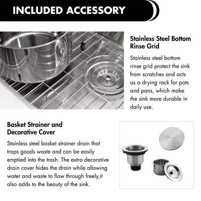 Stainless steel bottom rinse grid and basket strainer with decorative cover for kitchen sink.