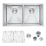 Stainless steel kitchen sink set with components on a white background
