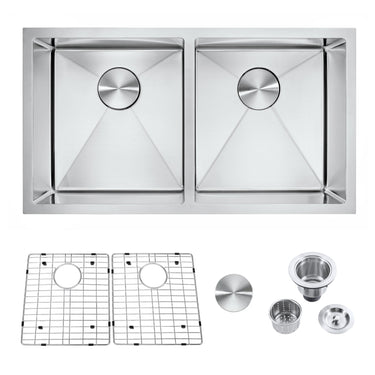 Stainless steel kitchen sink set with components on a white background
