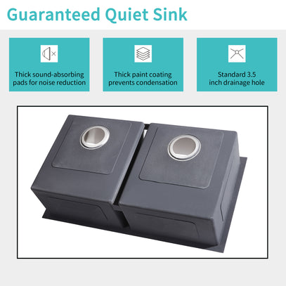 Two gray sinks with features highlighted on a white background