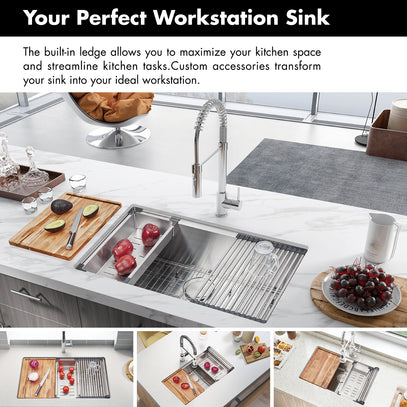 Modern kitchen sink setup with accessories and food items on a countertop.