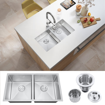 Stainless steel kitchen sink with accessories on a countertop, with close-up insets of the sink and its parts.