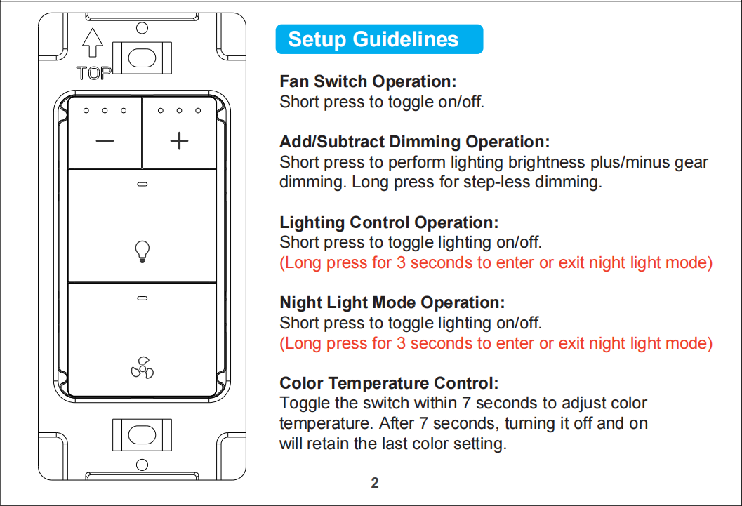 Control panel with setup guidelines for a lighting system on a white background