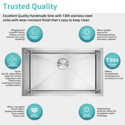 Stainless steel sink with features highlighted on a white background