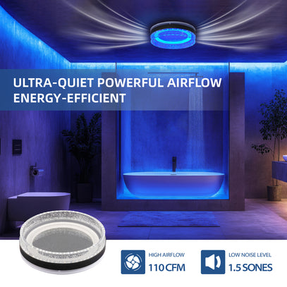Bathroom with a modern air purification device, featuring text about ultra-quiet airflow and energy efficiency.