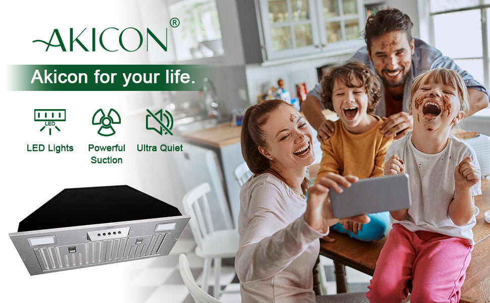Family using a smartphone with an Akicon range hood in the foreground