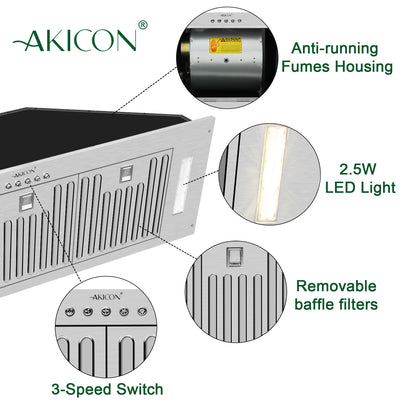 Akicon exhaust hood with features highlighted on a white background