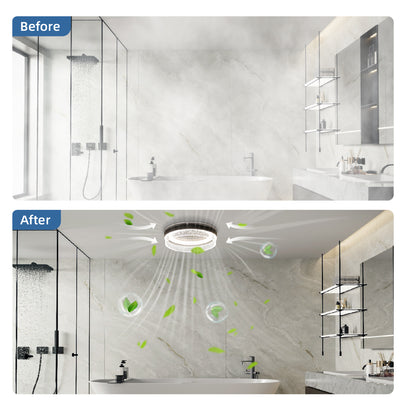 Before and after comparison of a modern bathroom with added green elements.