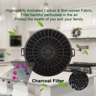 Charcoal filter for air purification with text about its benefits in a kitchen setting.