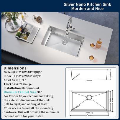 Stainless steel kitchen sink with dimensions and installation instructions on a white countertop.