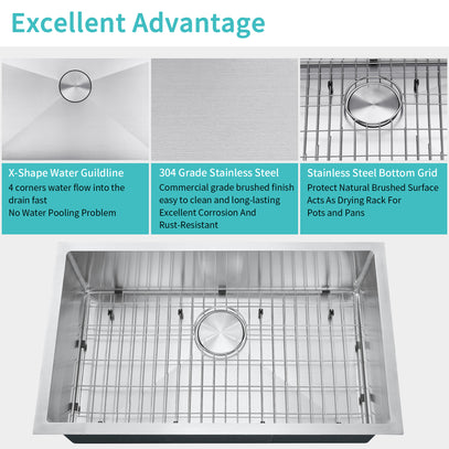 Stainless steel kitchen sink with features highlighted on a white background