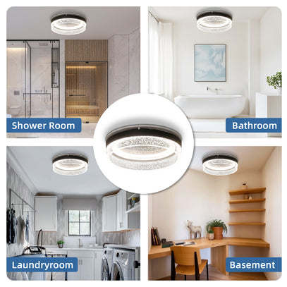 Ceiling light fixture shown in various indoor settings including a shower room, bathroom, laundry room, and basement.