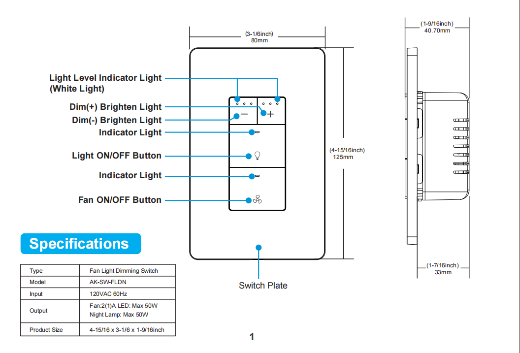 Technical diagram of a light control switch with labeled components and specifications.