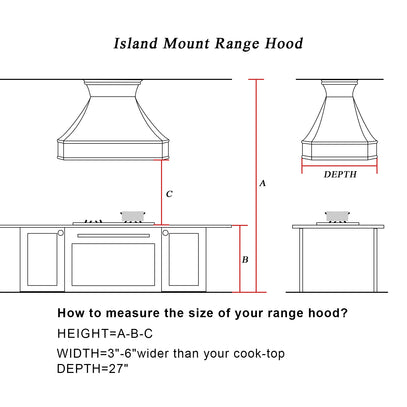 Diagram of an island mount range hood with measurement details.
