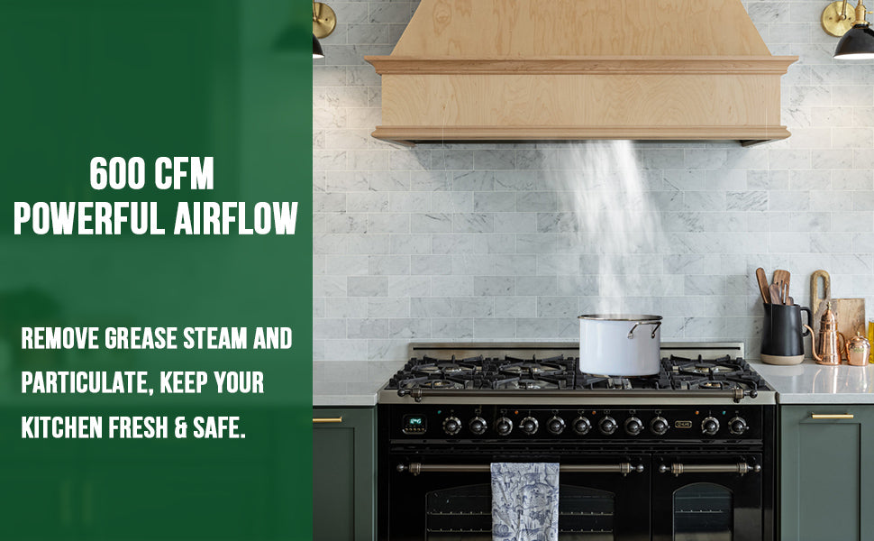 Kitchen stove with a pot on it, featuring text about air flow and safety.