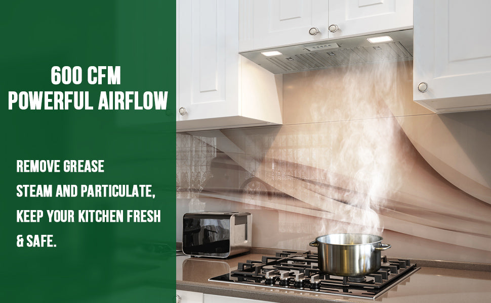 Kitchen scene with a pot on the stove and text about powerful airflow, grease removal, and safety.