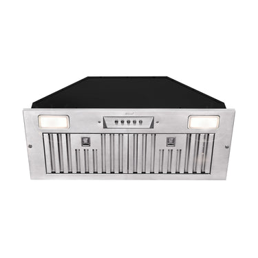 Stainless steel range hood with black top on a white background