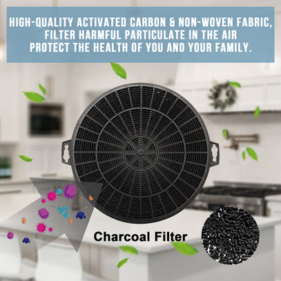 Charcoal filter for air purification with text about its benefits on a blurred indoor background.