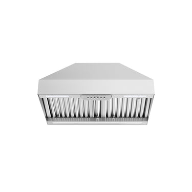 Stainless steel range hood on a white background