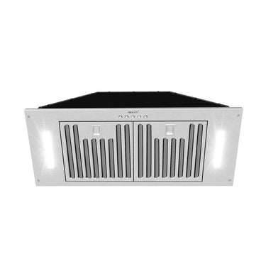 Stainless steel range hood on a white background