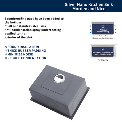 Silver Nano Kitchen Sink with soundproofing pads and anti-condensation spray on a white background