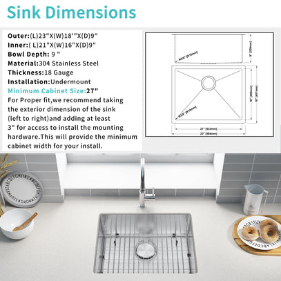 Kitchen sink with dimensions and installation details displayed on a white background