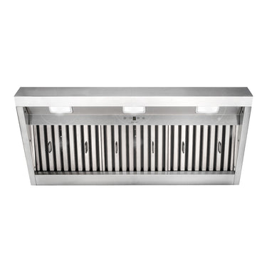 Stainless steel range hood on a white background