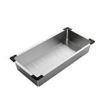 Stainless steel tray with black corners on a white background