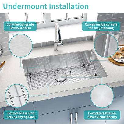 Stainless steel kitchen sink with features highlighted on a white countertop.