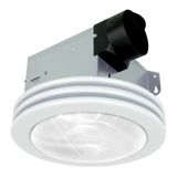Ceiling-mounted exhaust fan with white rim and black duct on a white background