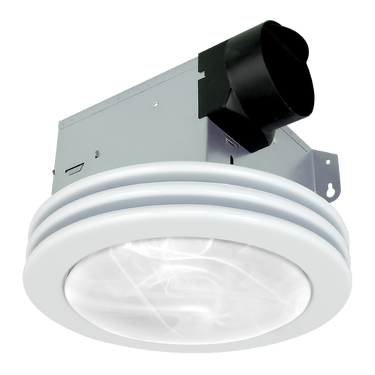 Ceiling-mounted exhaust fan with white rim and black duct on a white background