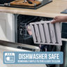 Person removing a filter from an open dishwasher with text indicating 'Dishwasher Safe'.
