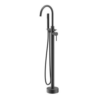 Black freestanding bathtub faucet with handheld shower on a white background