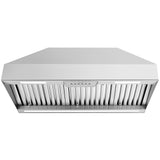 Stainless steel range hood on a white background