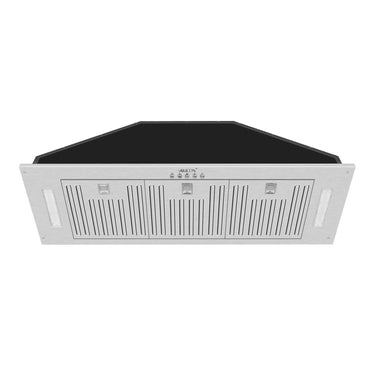 Stainless steel range hood on a white background