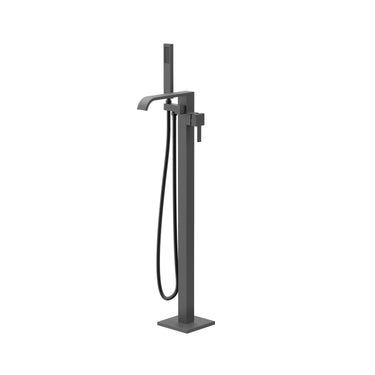 Black freestanding bathtub faucet with handheld shower on a white background