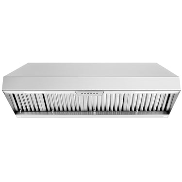 Stainless steel range hood on a white background