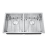Stainless steel kitchen sink with grid on a white background